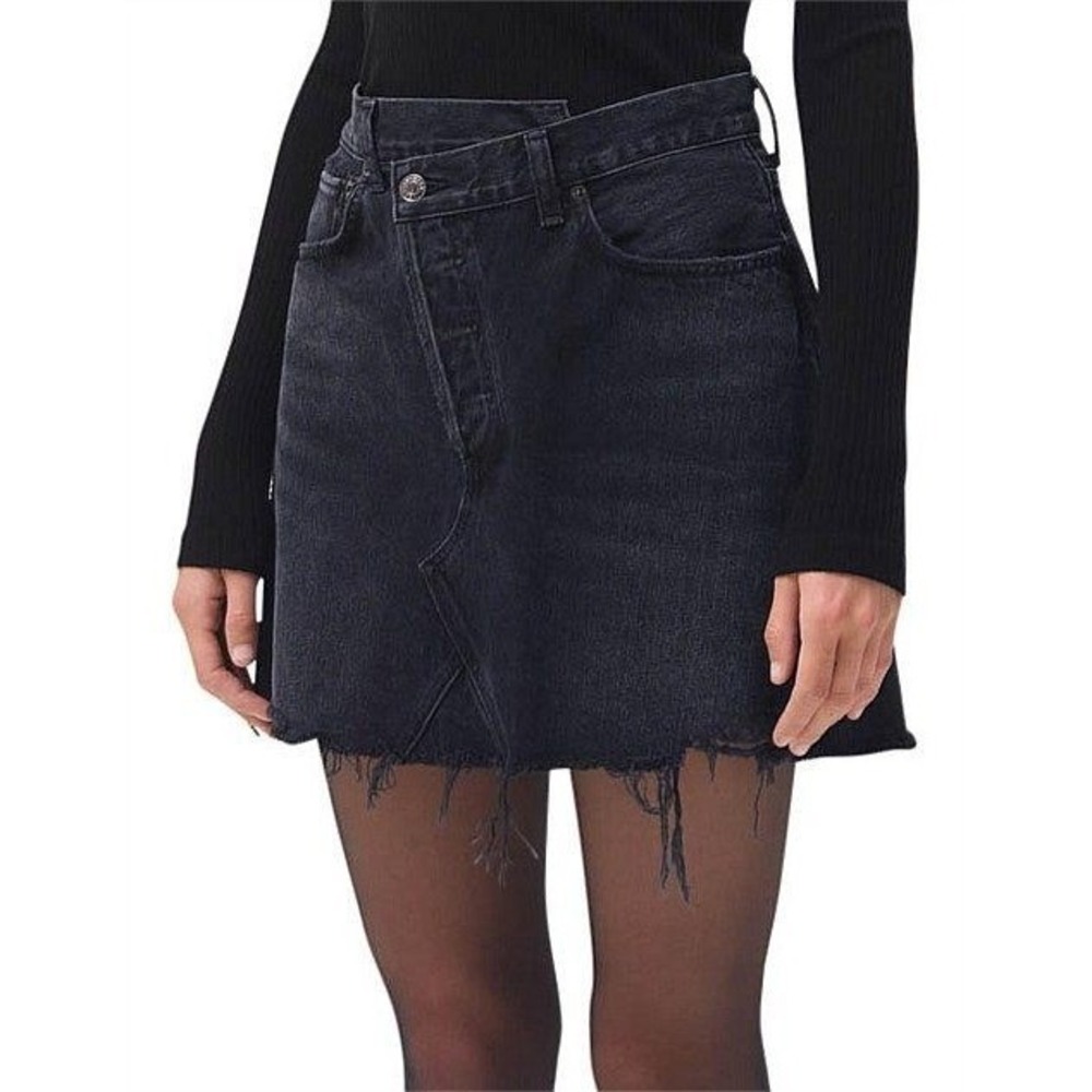 Agolde Criss Cross Skirt Size 27 Black Denim Mini Punk Grunge Goth Raw Hem